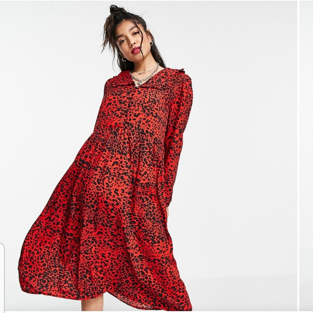 WEDNESDAY'S GIRL RED BLACK ANIMAL PRINT SMOCKED TIERED MIDI DRESS ASOS WORK WEAR